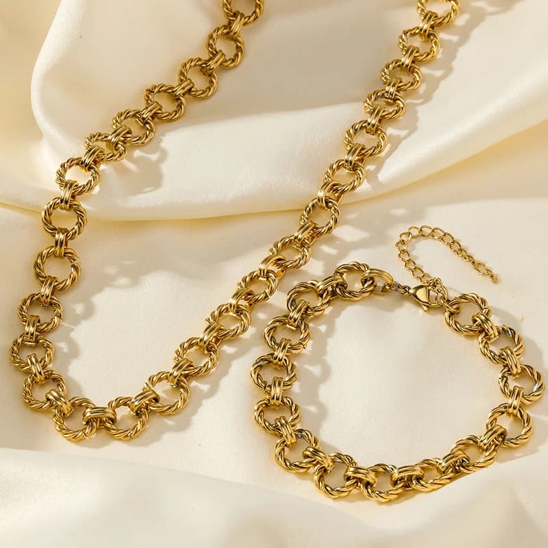 Gold Color Round Link Chain Necklace and Bracelet Set