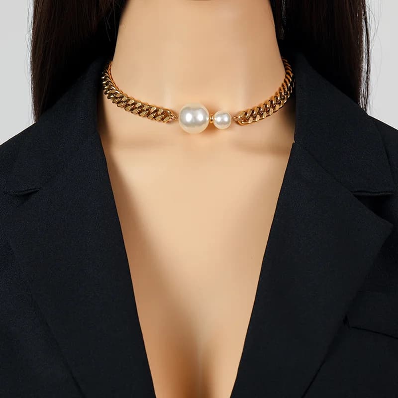 Exaggerated Pearl Thick Chain Necklace, Stainless Steel