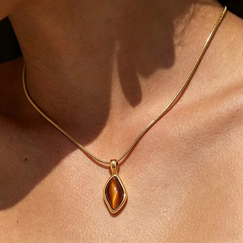 Stainless Steel Brown Stone Pendant Necklace