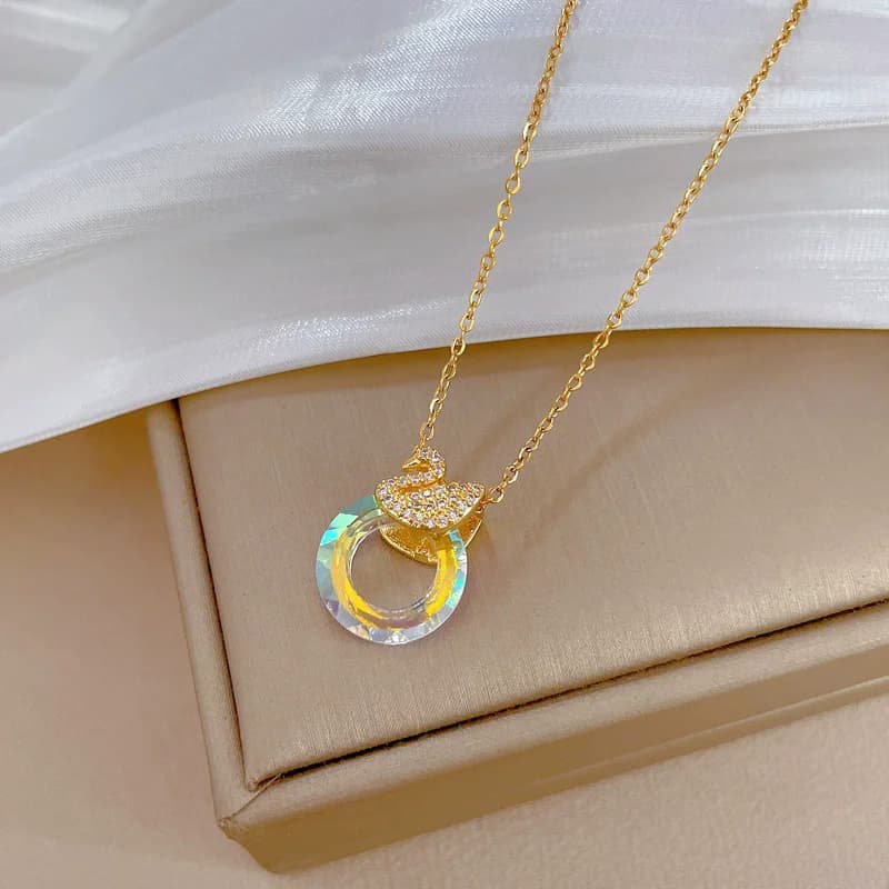 Cubic Zirconia Swan Pendant Necklace, Gold Tone