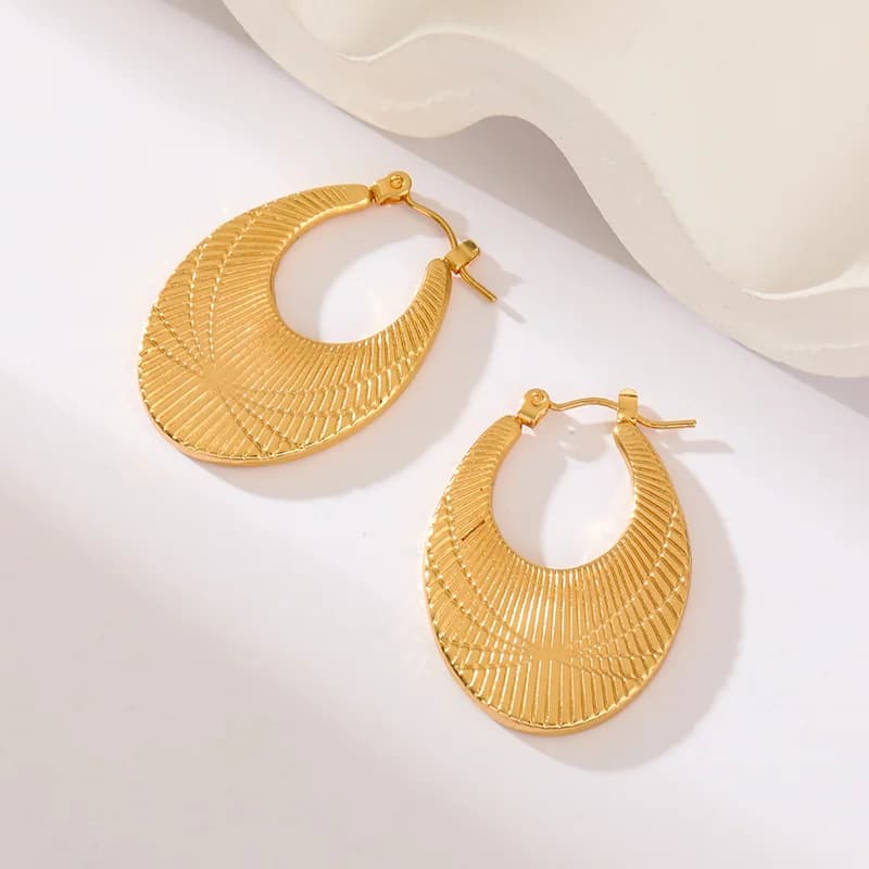 Pleated Surface Hoop Earrings, Gold Stainless Steel