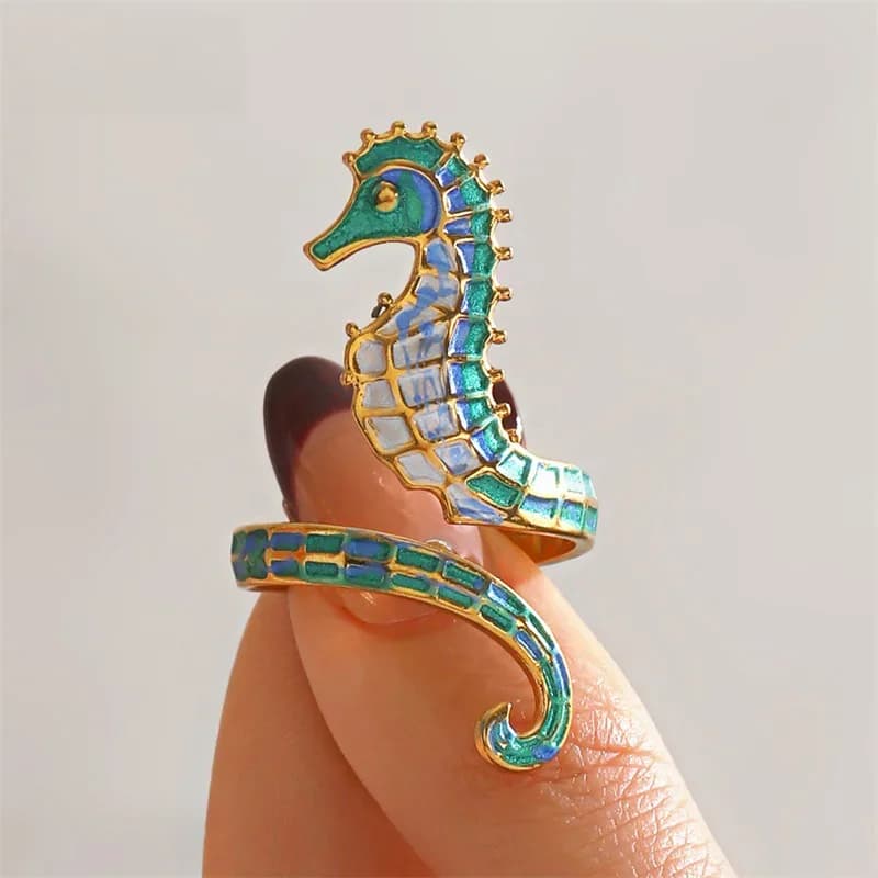 Enamel Seahorse Open Adjustable Ring