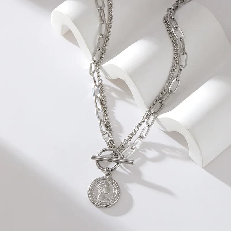 Portrait Coin Pendant Necklace, Silver Tone