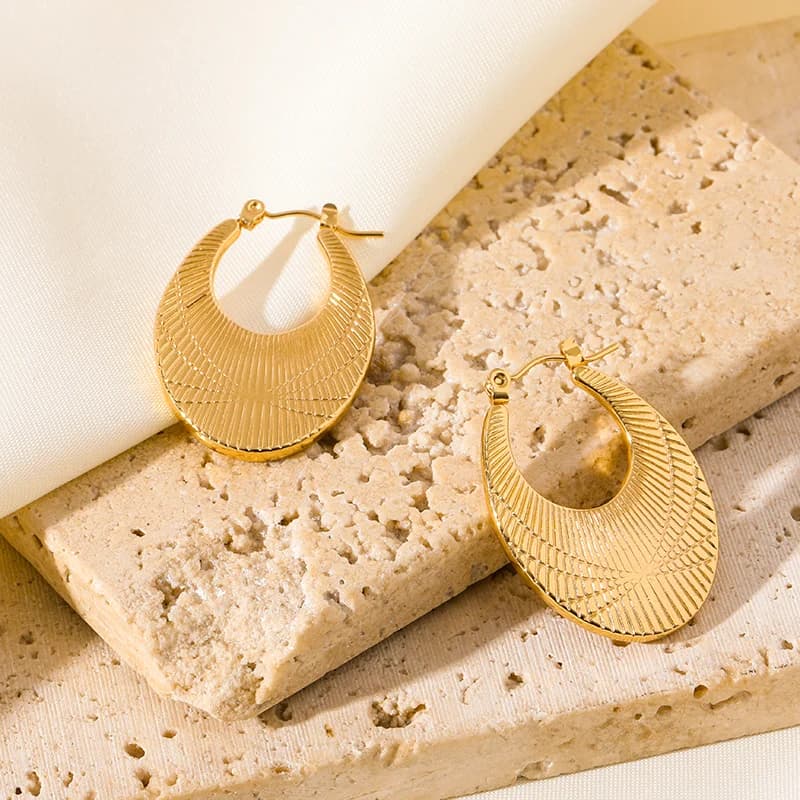 Pleated Surface Hoop Earrings, Gold Stainless Steel