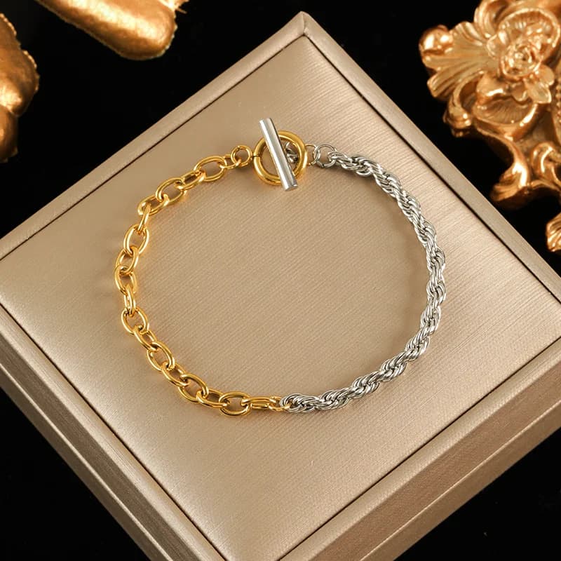 Polished Chain Wide Bangle, Gold Color