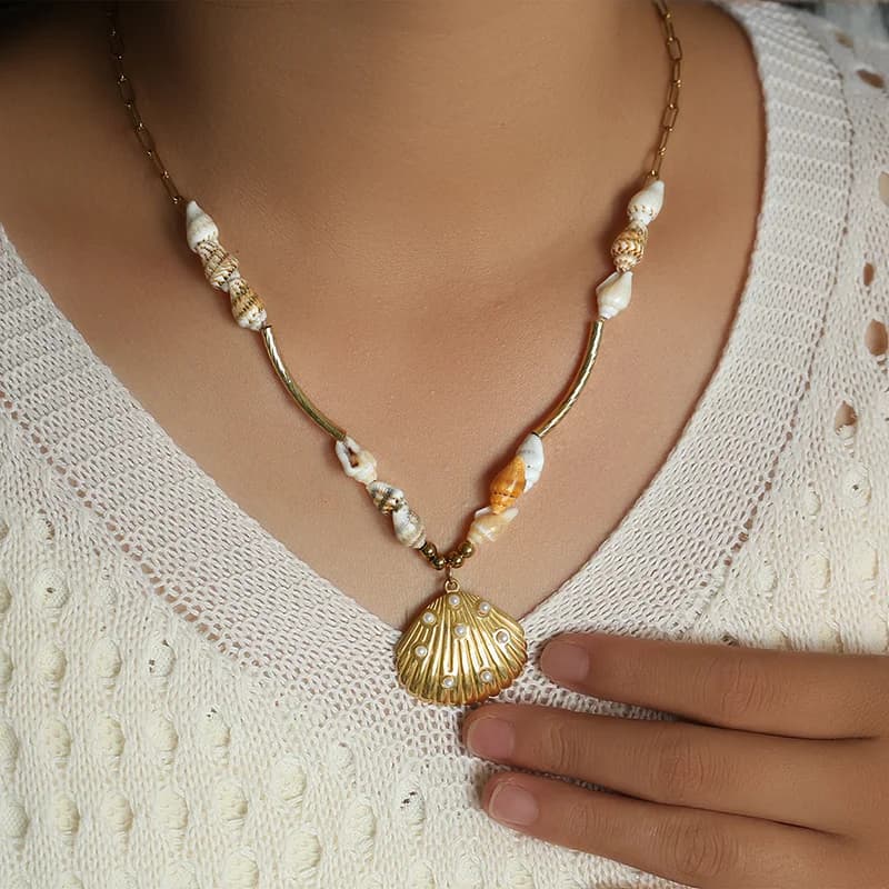 Gold Starfish Shell Sun Pendant Necklace