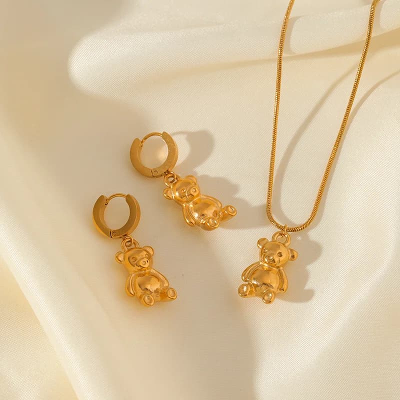 Bear Flower Necklace and Earrings Set, Gold