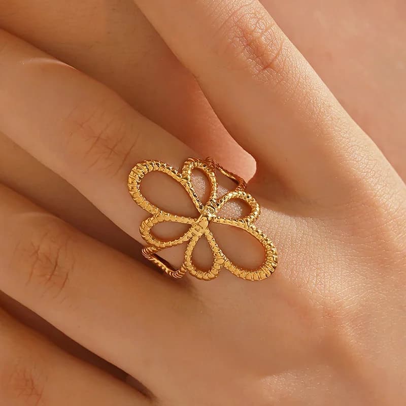 Stainless Steel Hollow Flower Adjustable Ring