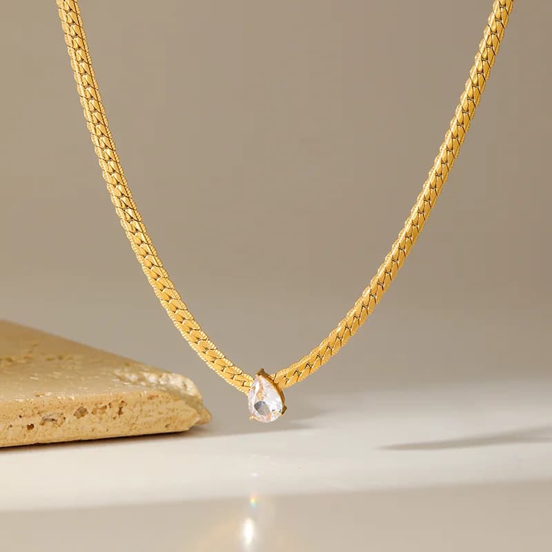316L Stainless Steel Gold Plated Teardrop Cubic Zirconia Necklace