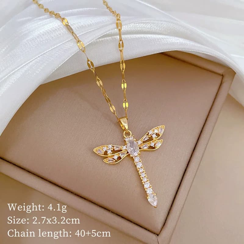 316L Stainless Steel Cubic Zircon Dragonfly Pendant Necklace