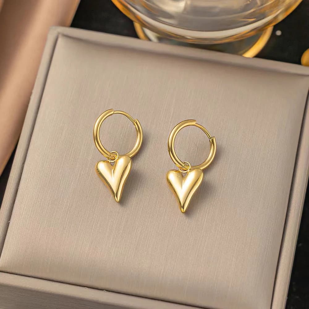 Stainless Steel Gold Heart Flower Drop Earrings