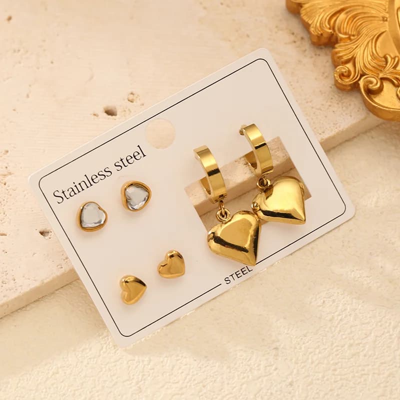3-Pair Zircon Heart Stud and Drop Earring Set
