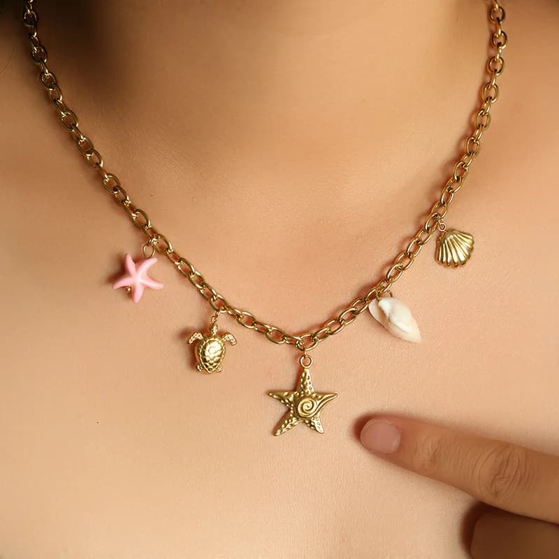 Gold Starfish Turtle Pendant Necklace