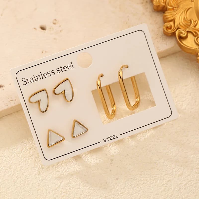 3-Pair Triangular Heart Hoop and Stud Earring Set