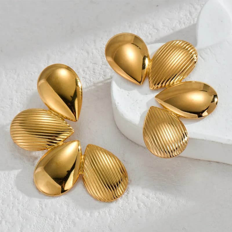 Gold Color Flower Plant Stud and Drop Earrings