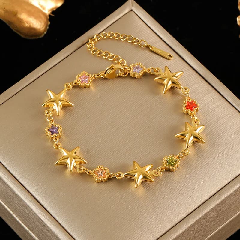 Colorful Star Zircon Charm Bracelet, Gold