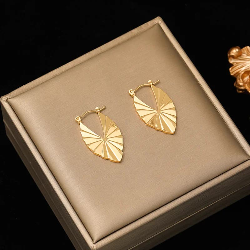 Pleated Surface Hoop Earrings, Gold Stainless Steel