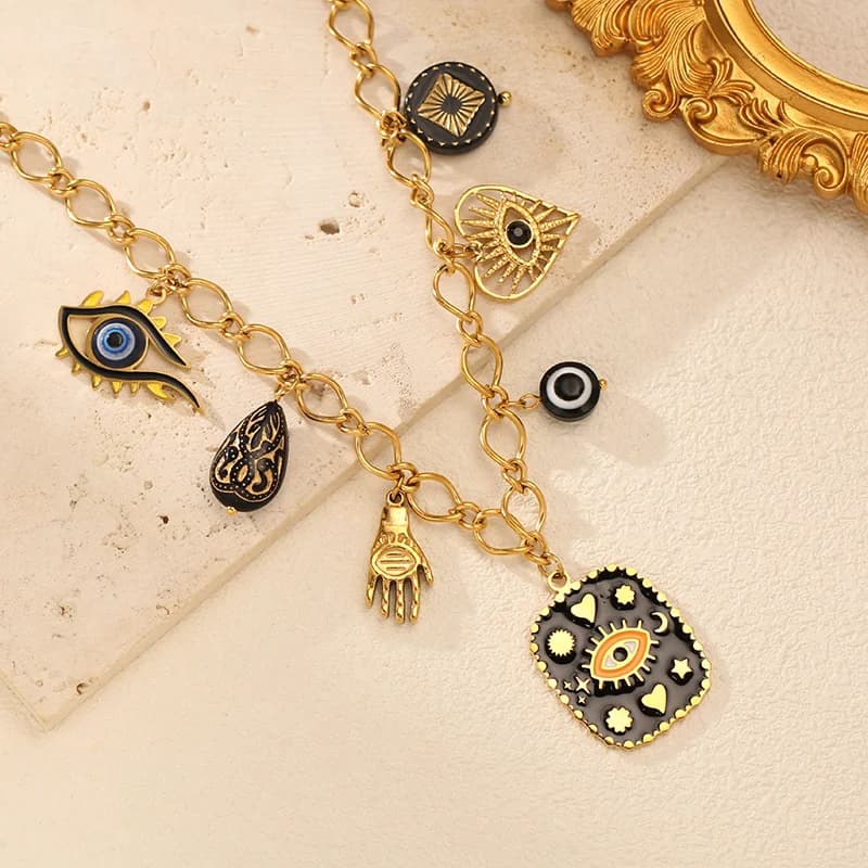 Multiple Charms Pendant Necklace, 18K Gold PVD