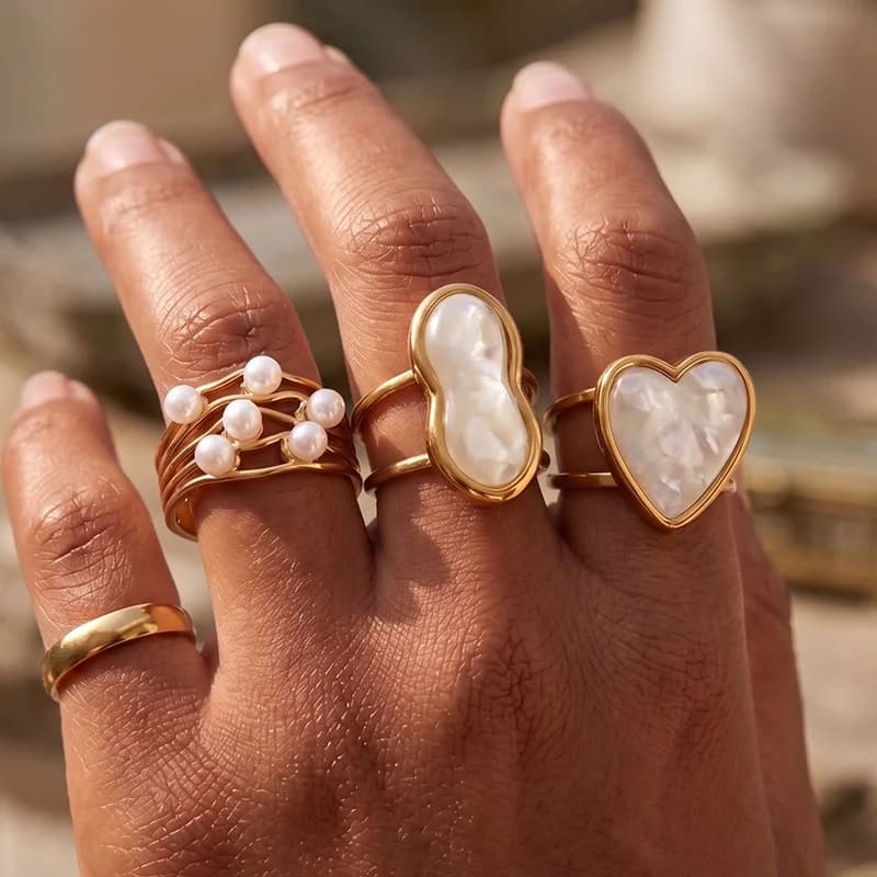 Stainless Steel Pearl Heart Adjustable Opening Ring