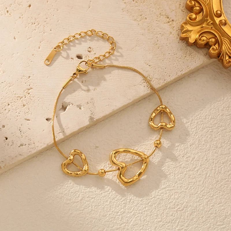 Hollow Heart-Shaped Chain Bangle, Gold Stainless Steel