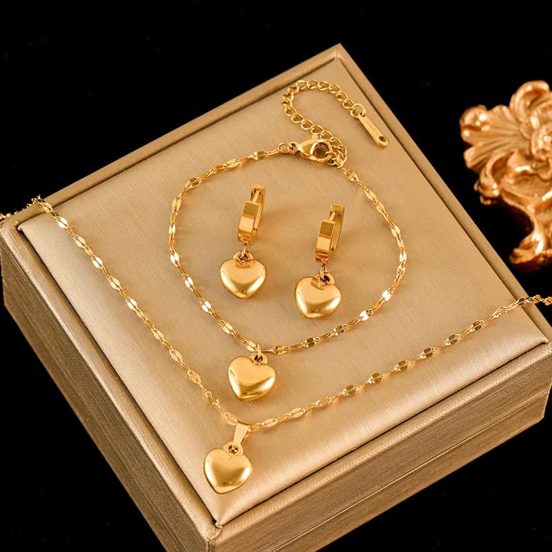 Stainless Steel Heart Jewelry Set, Gold Plated