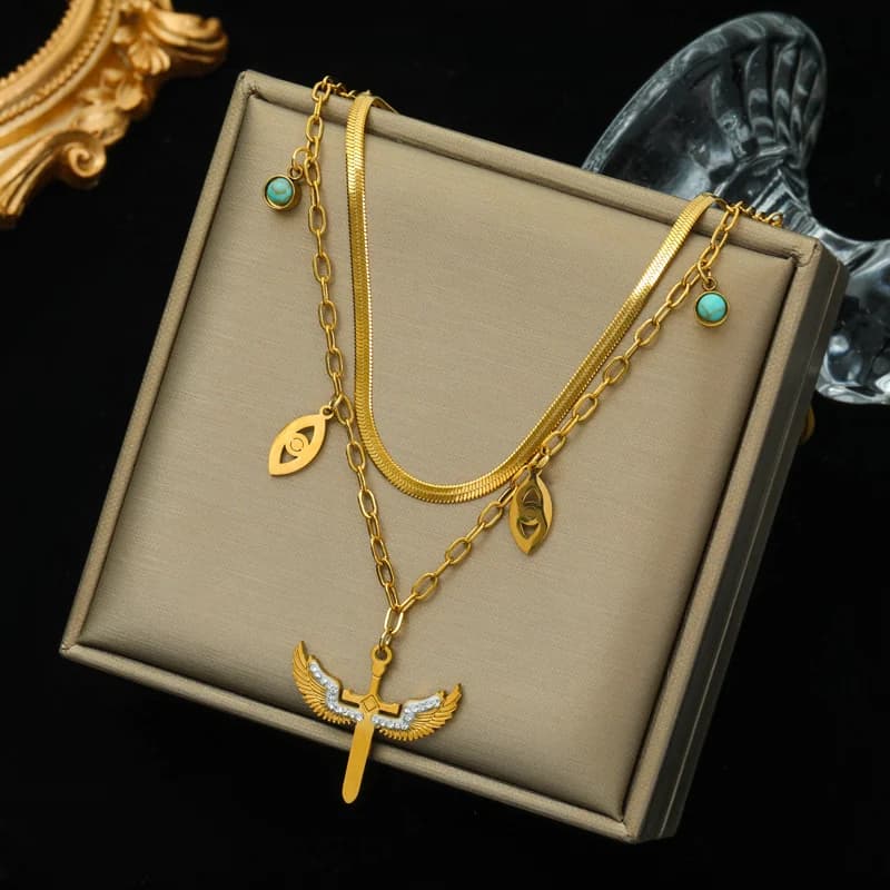 Multi-Layer Geometric Coin Stone Pendant Necklace