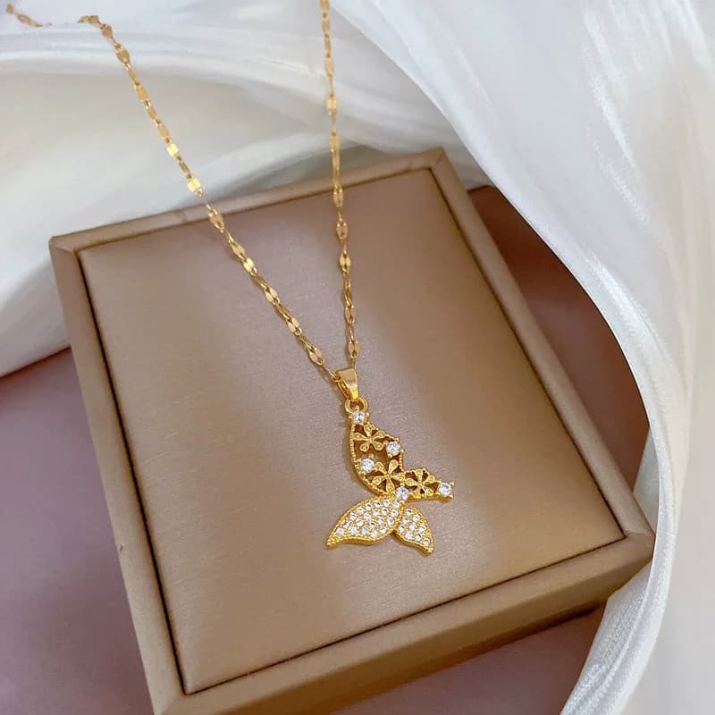 316L Stainless Steel Cubic Zircon Dragonfly Pendant Necklace