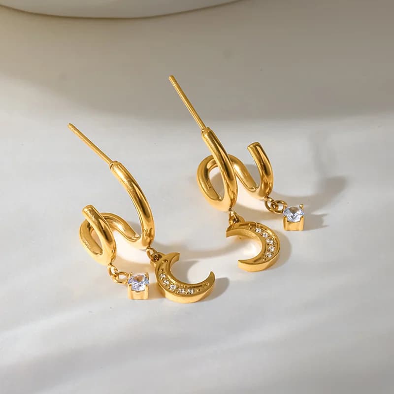 Zircon Moon Stud Earrings, Stainless Steel