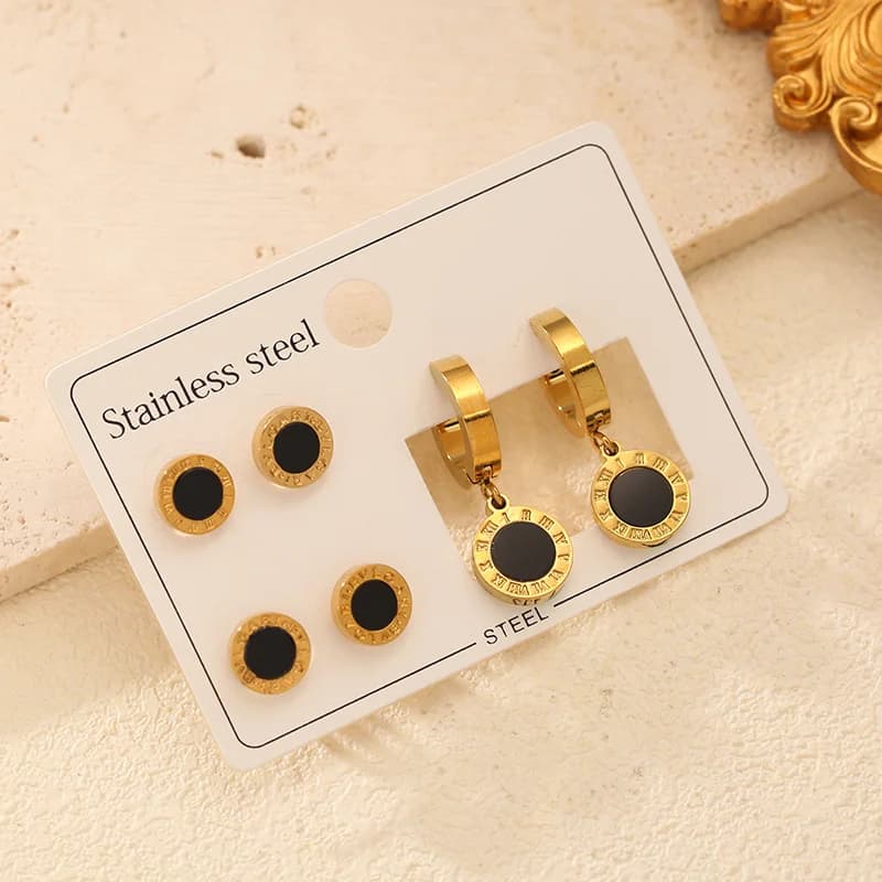 3-Pair Round Black Roman Numeral Earrings Set