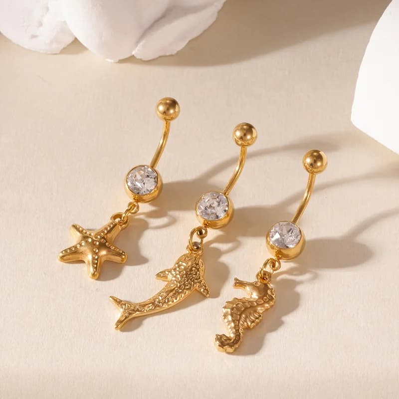 3Pcs Starfish Octopus Belly Button Rings, White Zircon