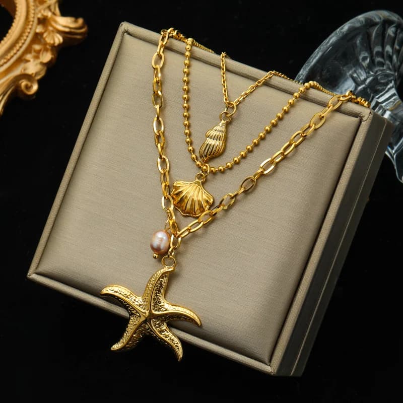 316L Stainless Steel Multilayer Moon Starfish Pendant Necklace