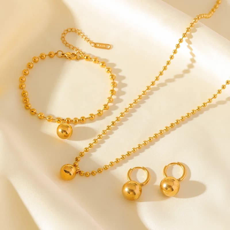 Metal Bead Ball Jewelry Set: Necklace, Bracelet, Earrings