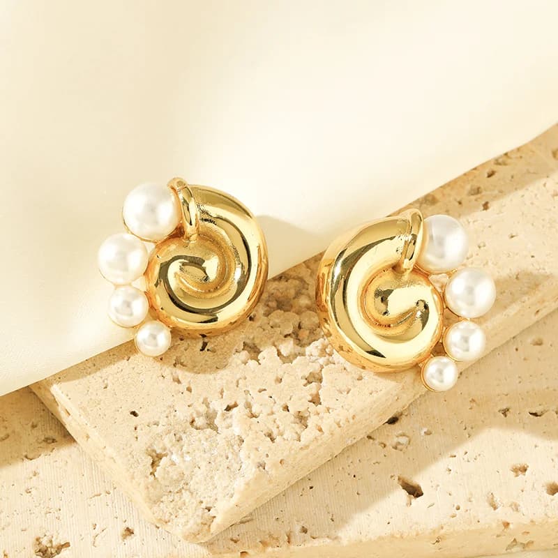Pearl Conch Pendant Stud Earrings, 18K Gold Plated