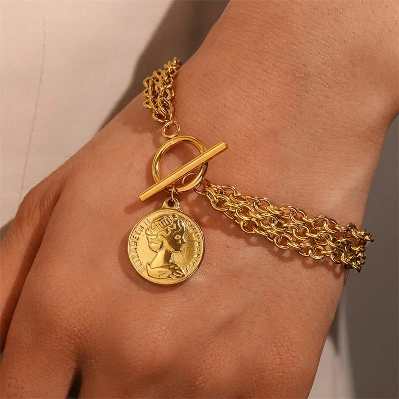 316L Stainless Steel Gold Color Coin Charm Bracelet