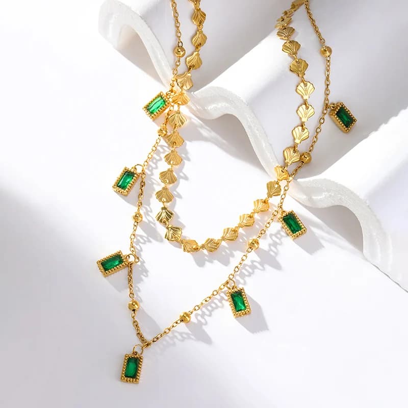 Square Green Crystal 2-Layer Necklace