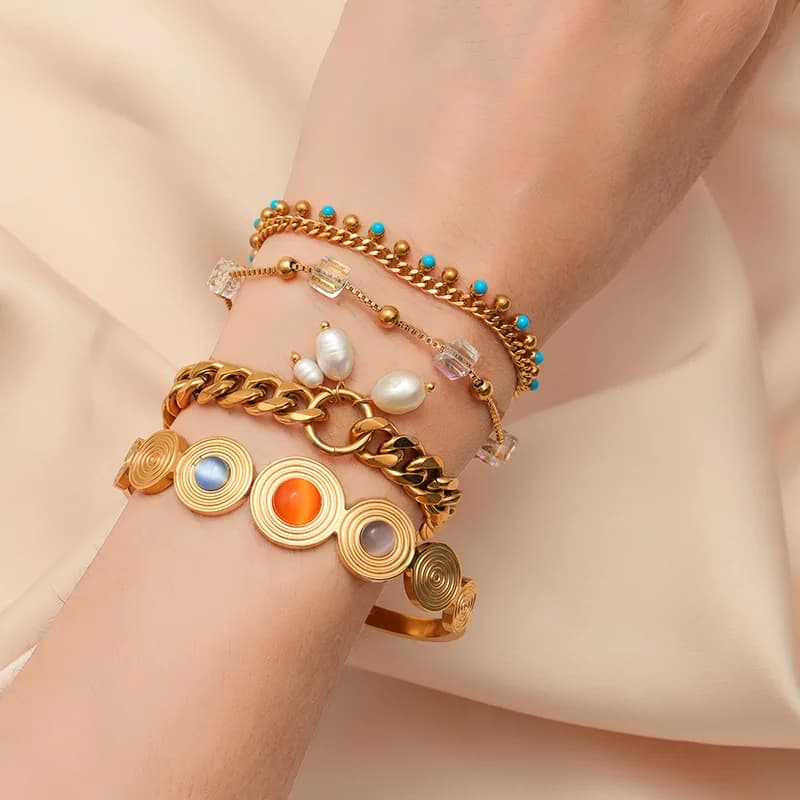 Round Colorful Stone Bangle Bracelets in Stainless Steel