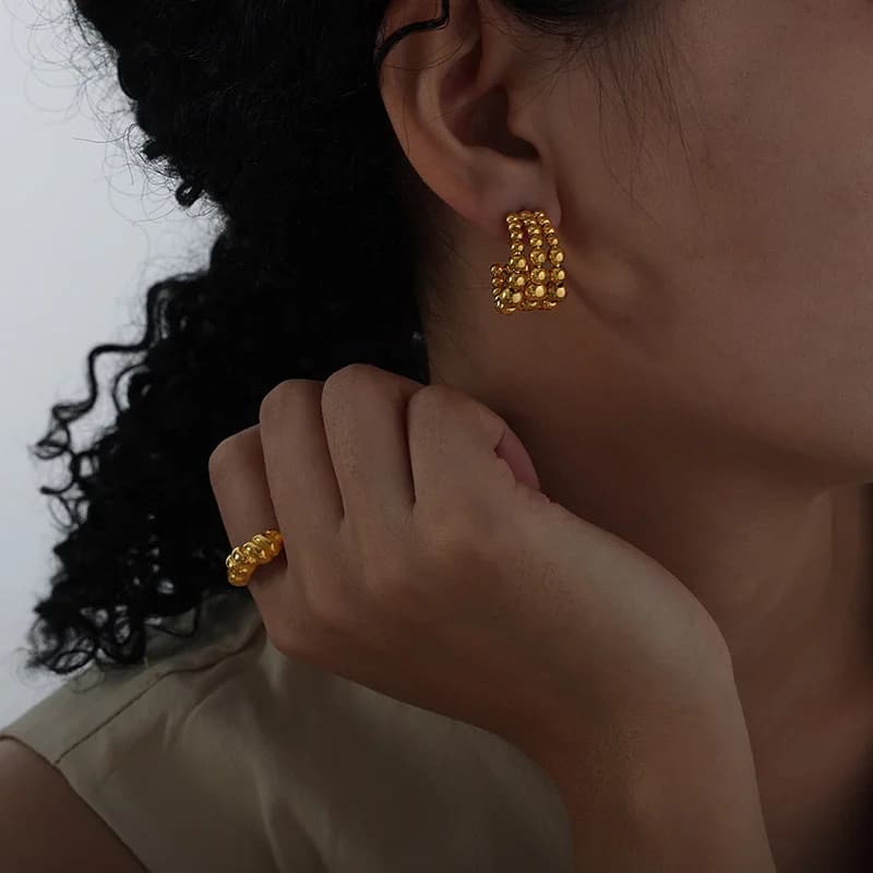 316L Stainless Steel Gold C-Shaped Bead Stud Earrings
