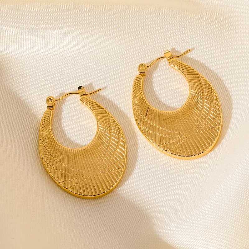 Pleated Surface Hoop Earrings, Gold Stainless Steel
