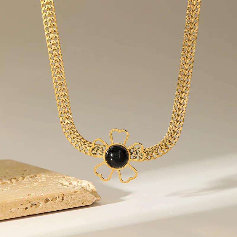Black Stone Flower Necklace and Earring Set