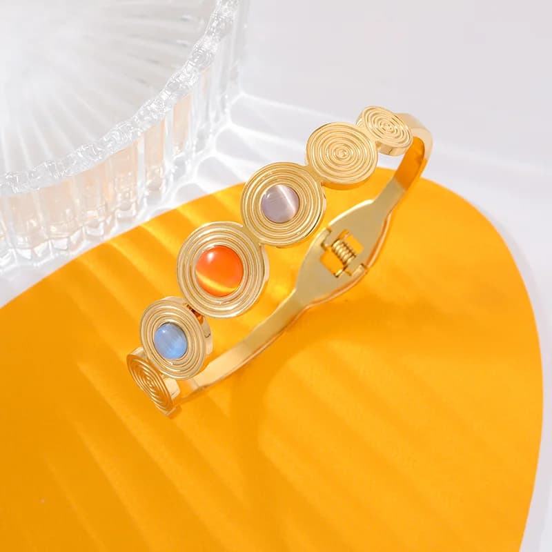 Round Colorful Stone Bangle Bracelets in Stainless Steel