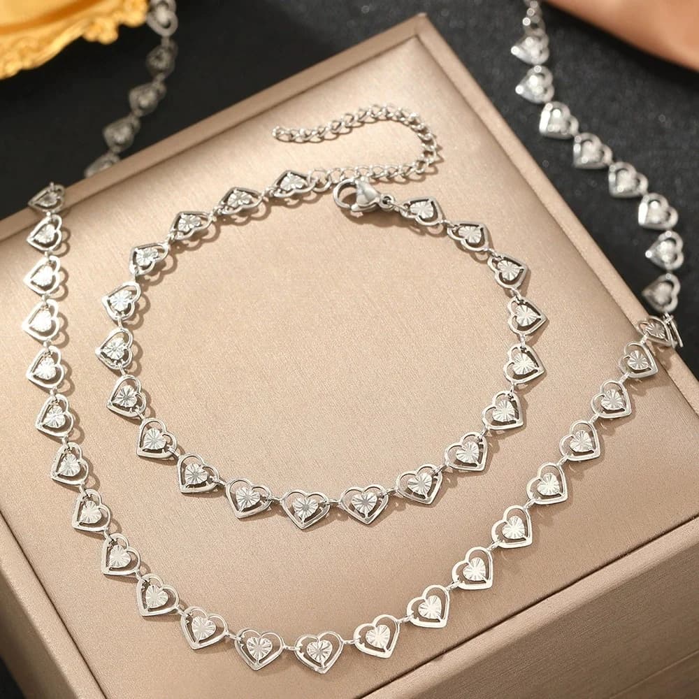 Heart Chain Necklace and Bracelet Set, Stainless Steel