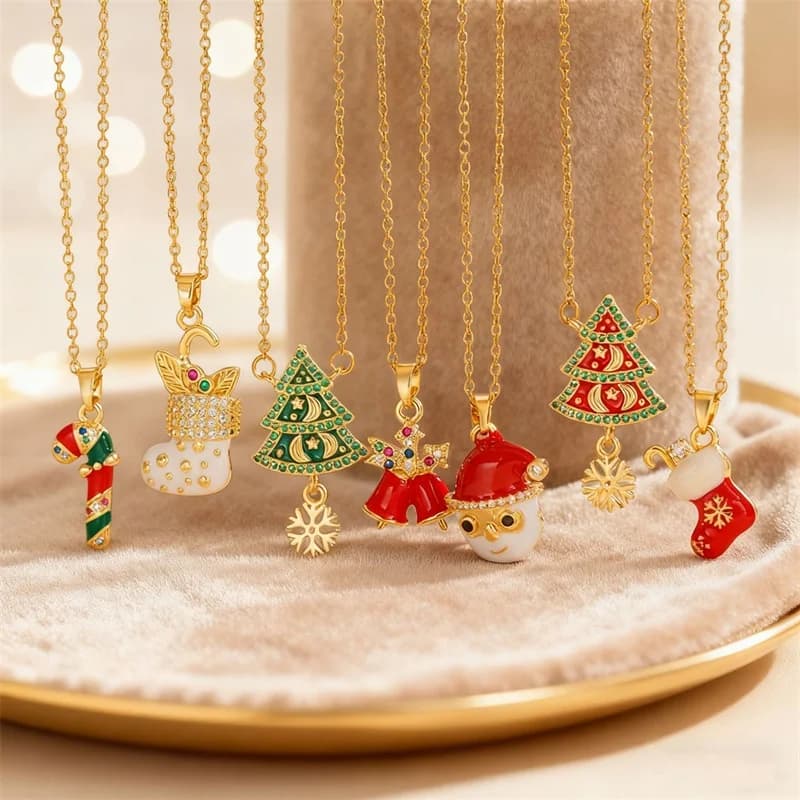 Enamel Christmas Tree Bell and Snowflake Pendant Necklace