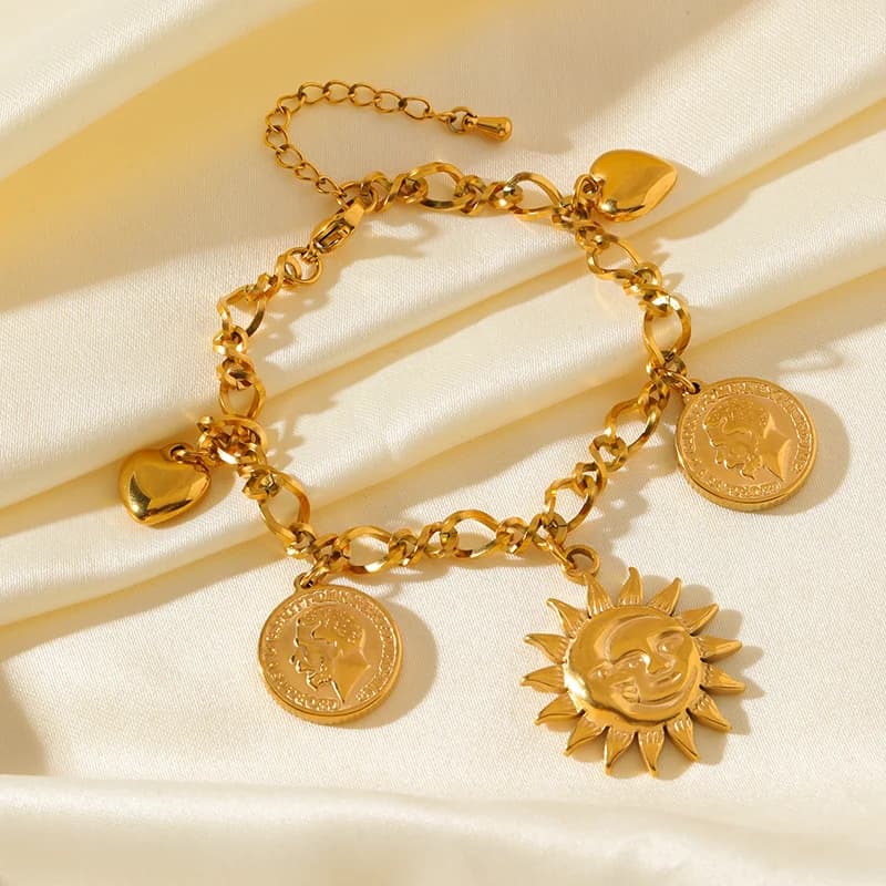 Gold Color Sun Coin Charm Bracelet