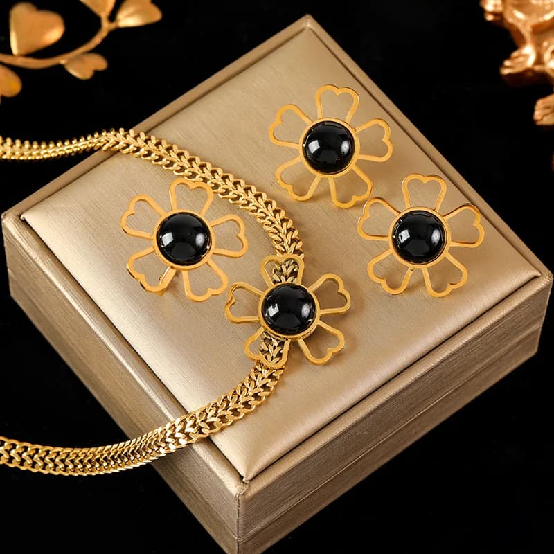 Black Stone Flower Necklace and Earring Set
