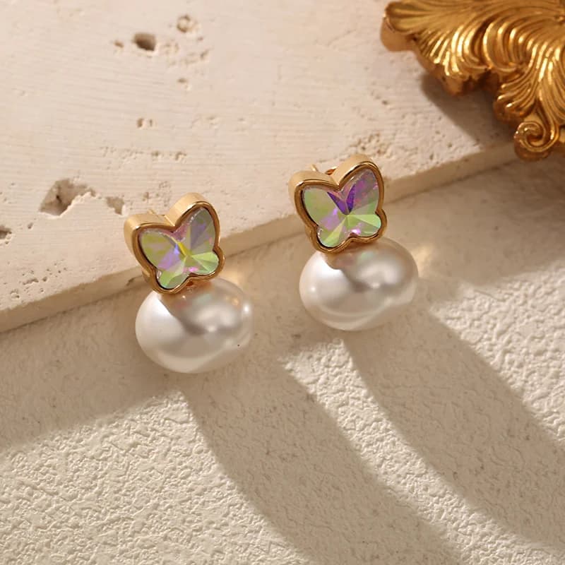 Butterfly Pearl Stud Earrings, Stainless Steel