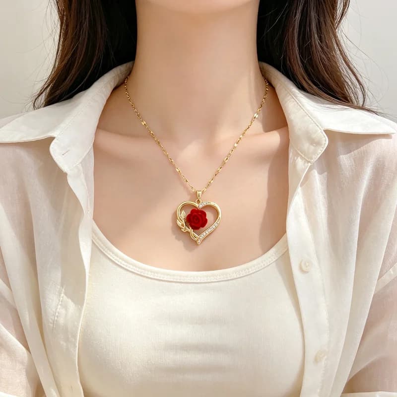 Hollow Heart Rose Floral Pendant Necklace