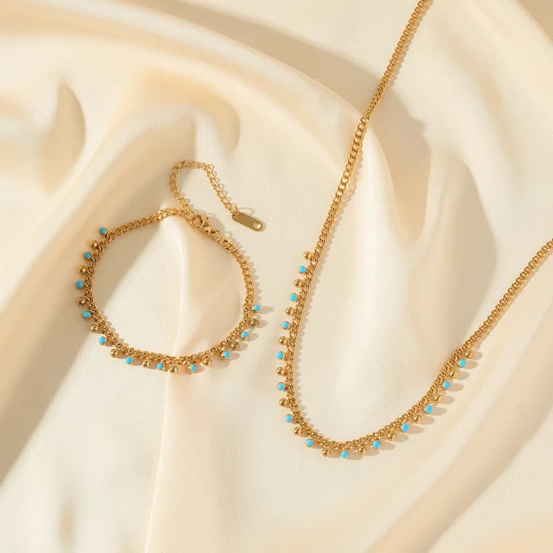Blue Beaded Necklace and Bracelet Set