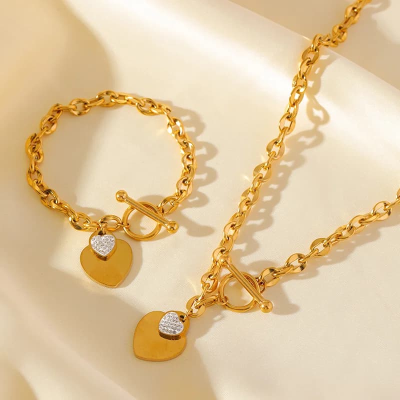 316L Stainless Steel Double Heart Necklace and Bracelet Set
