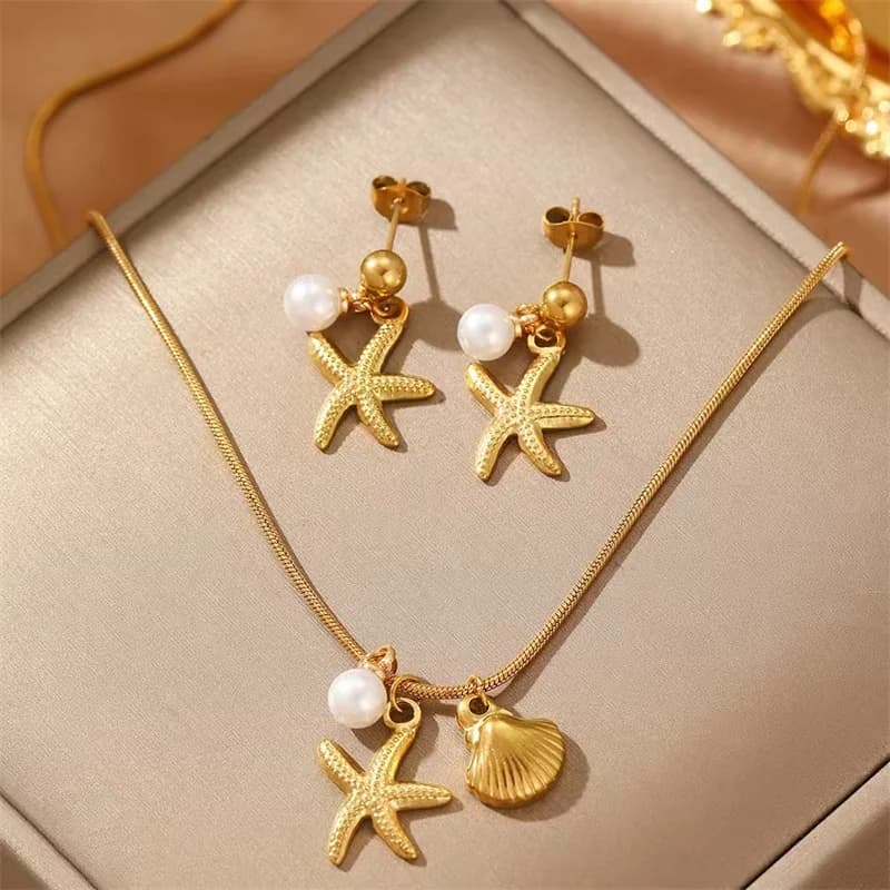 Starfish Pearl Shell Necklace and Earrings Set