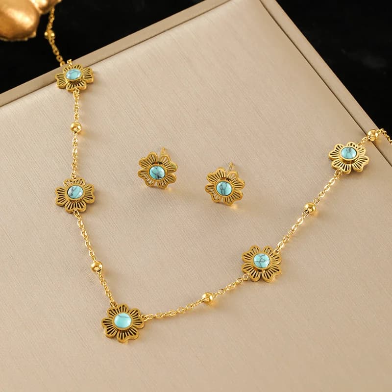 White Flower Petal Jewelry Set, Gold Color